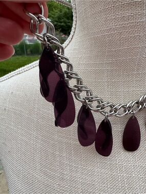 Silver Chain Necklace with Dark Purple Teardrop Charms